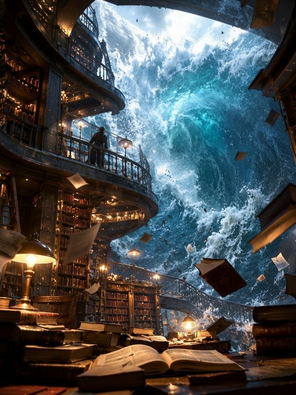 Massive churning ocean wave surges through a multi-level steampunk library as books float mid-air