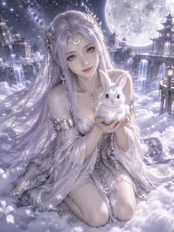 Ethereal lunar goddess holding a glowing white moon rabbit seated on clouds under a bright full moon