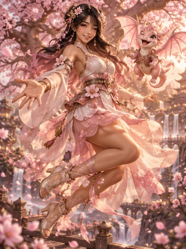 Smiling fantasy anime girl reaches out beside a tiny pink baby dragon under blooming cherry blossoms