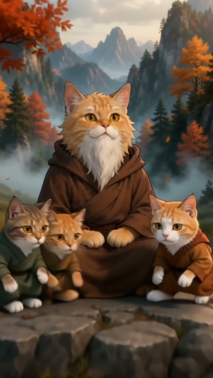 Animated orange cat in a brown robe with two small kittens in a autumn forest backdrop