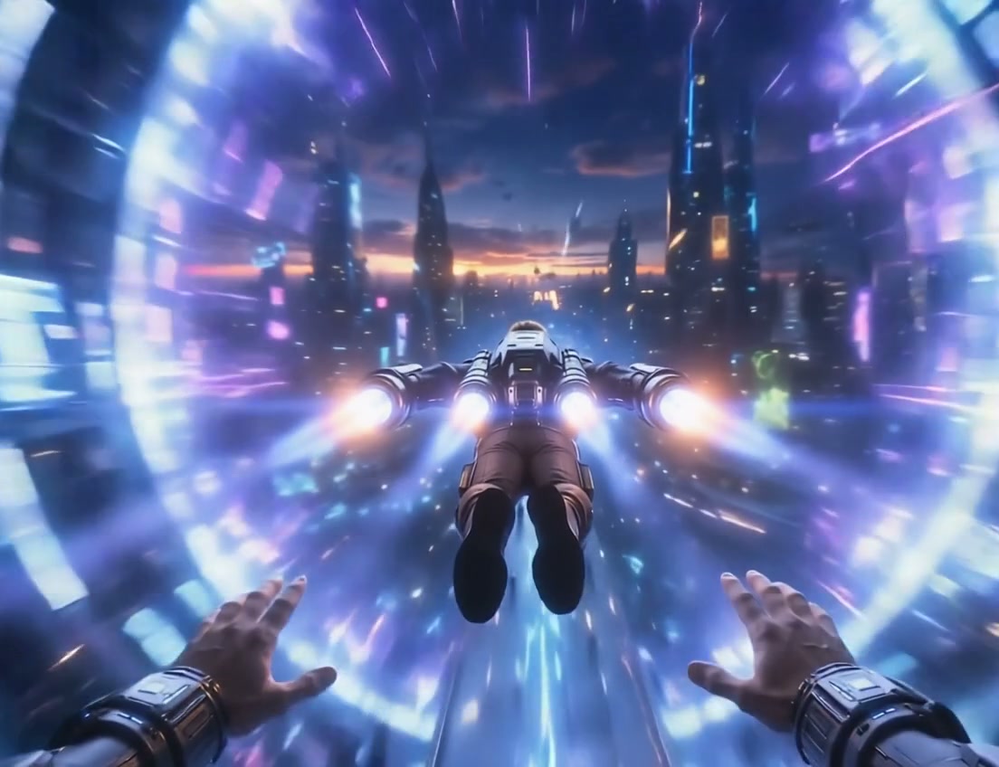 Futuristic city skyline viewed from a jetpack flyer zooming through a neon tunnel.