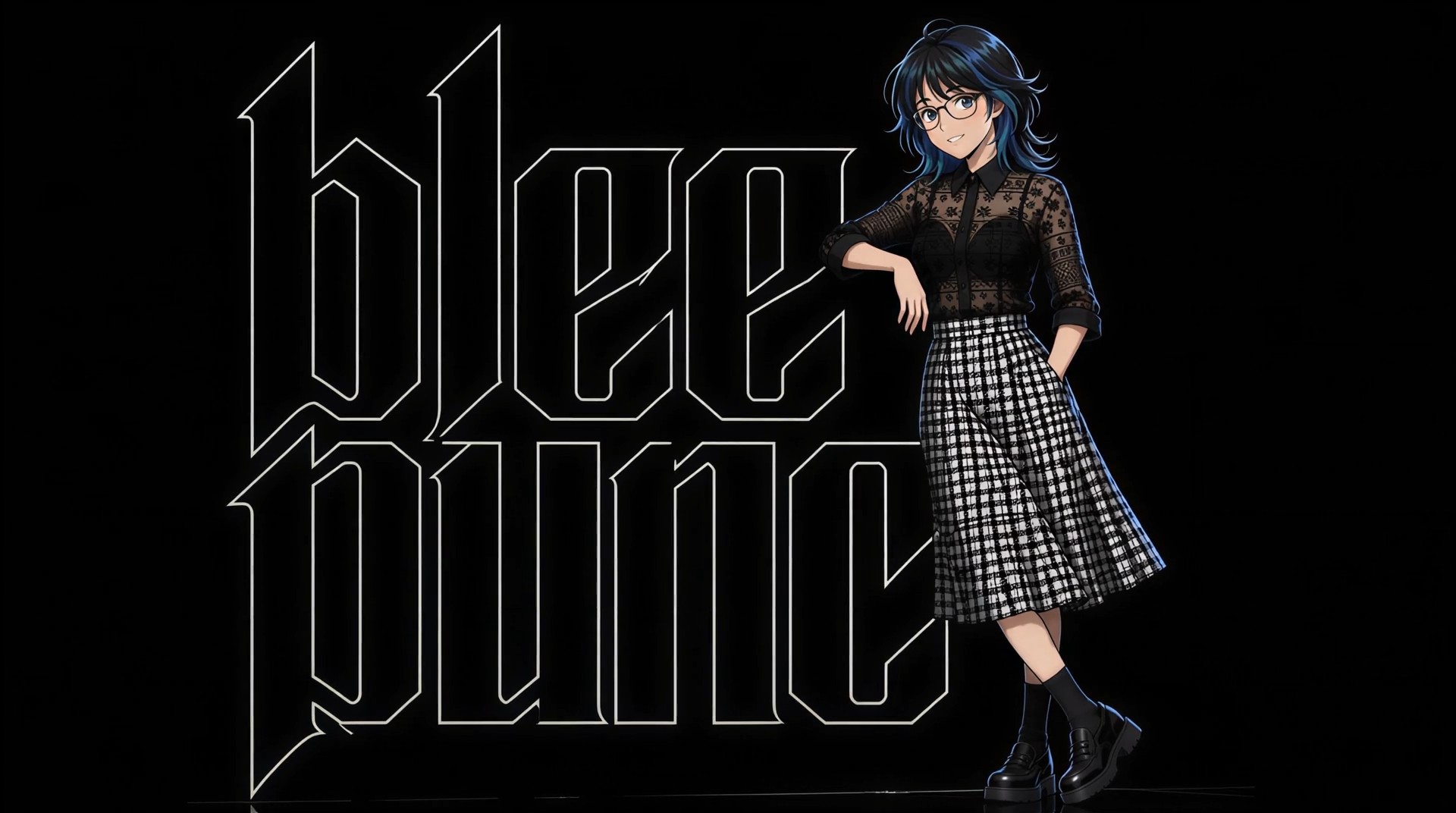 Anime-style girl with blue hair and glasses leaning on bold illuminated text against a black back...