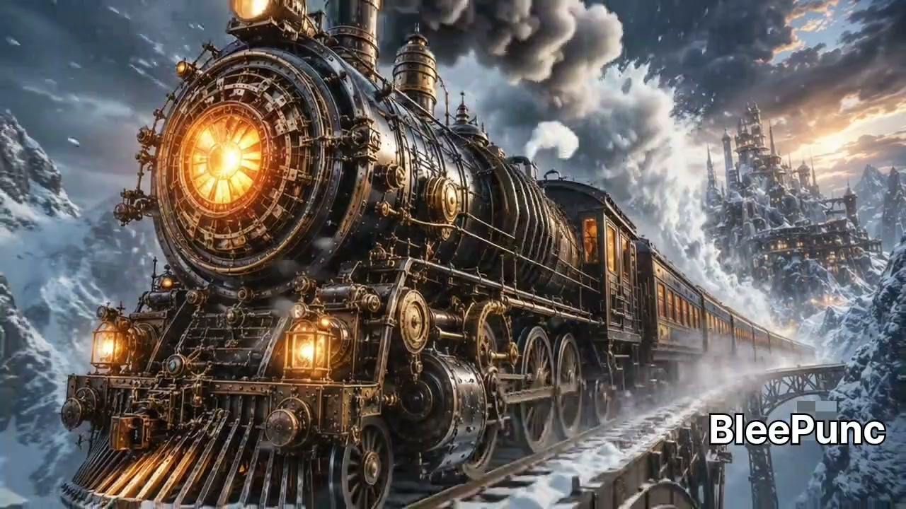 Ornate steampunk steam locomotive crosses a snowy mountain bridge, with a glowing front and froze...