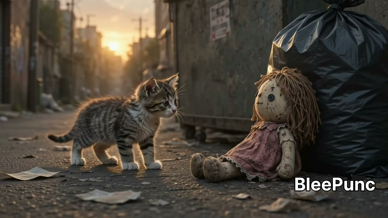 Fluffy tabby kitten stands facing a tattered discarded rag doll on a littered urban alley at gold...