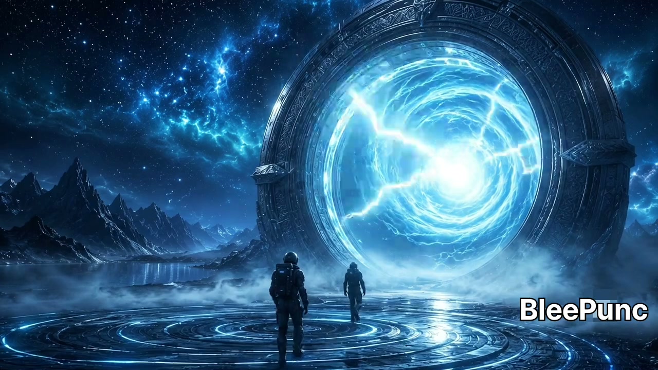 Two astronauts approach a glowing ornate stargate portal on an alien world under a starry cosmic ...