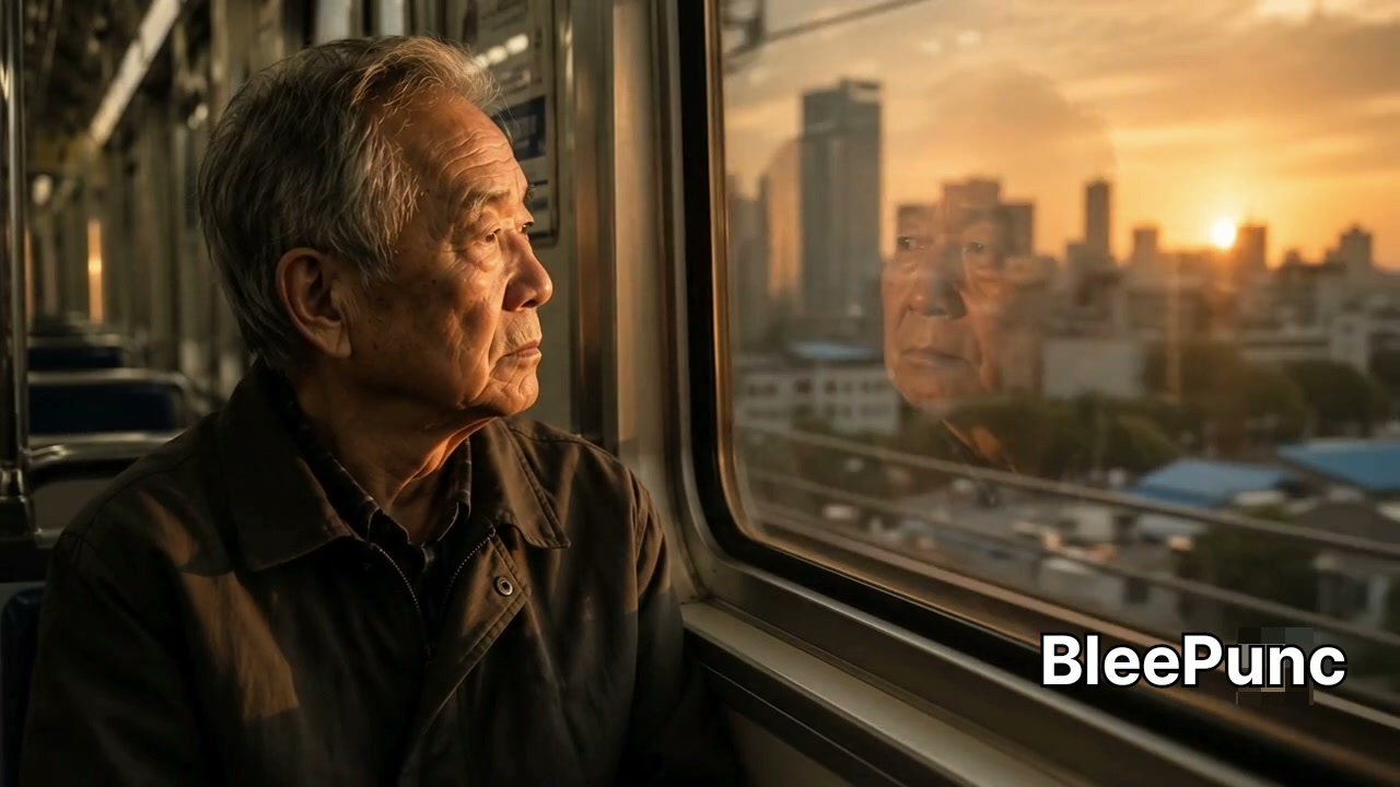 Elderly East Asian man sits on a commuter train, gazing out a window at a glowing sunset city sky...