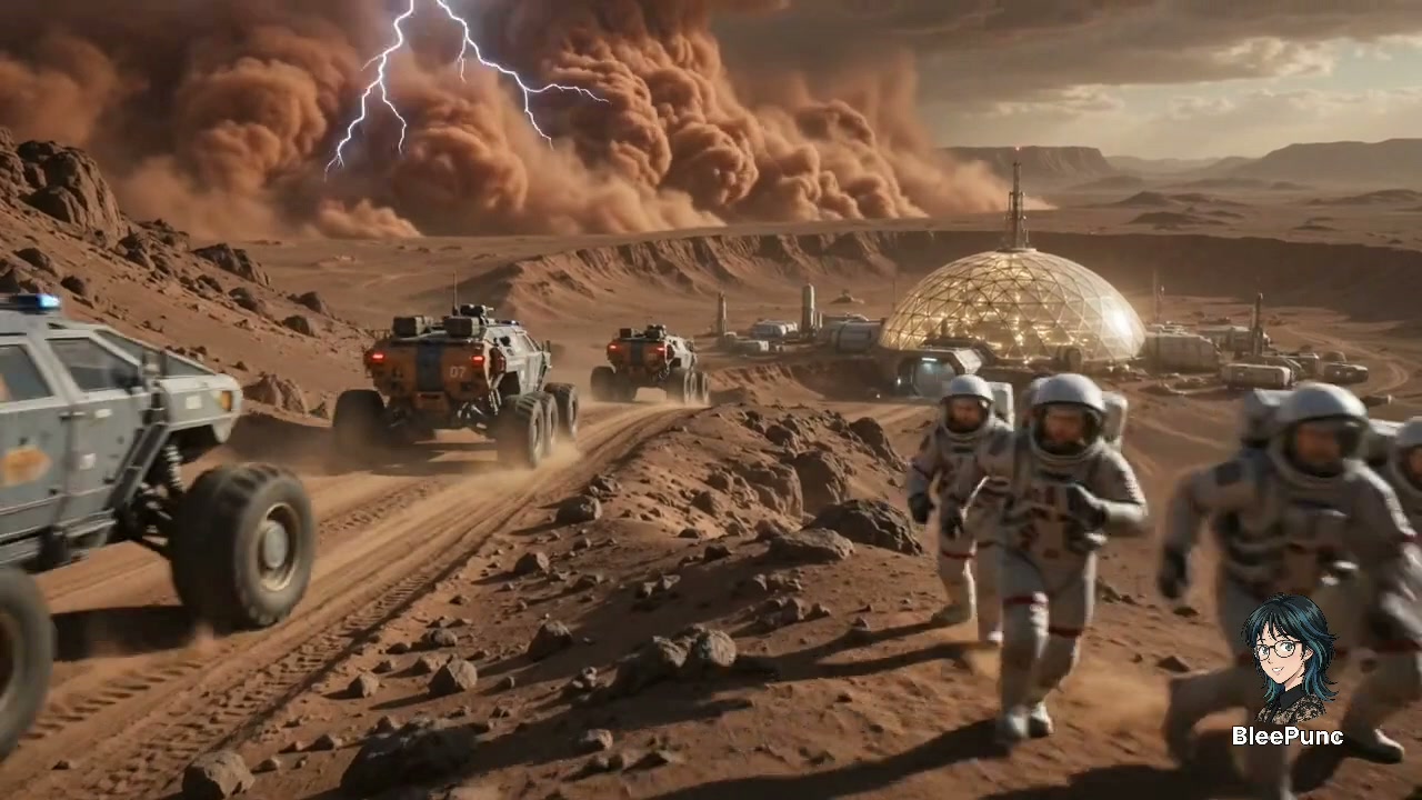 Astronauts and planetary rovers flee a lightning-struck massive dust storm approaching a domed Ma...