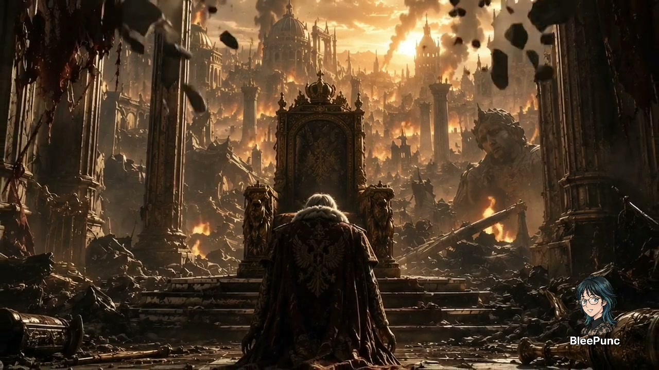 Fallen king kneels before an ornate throne overlooking a burning, destroyed fantasy imperial city...