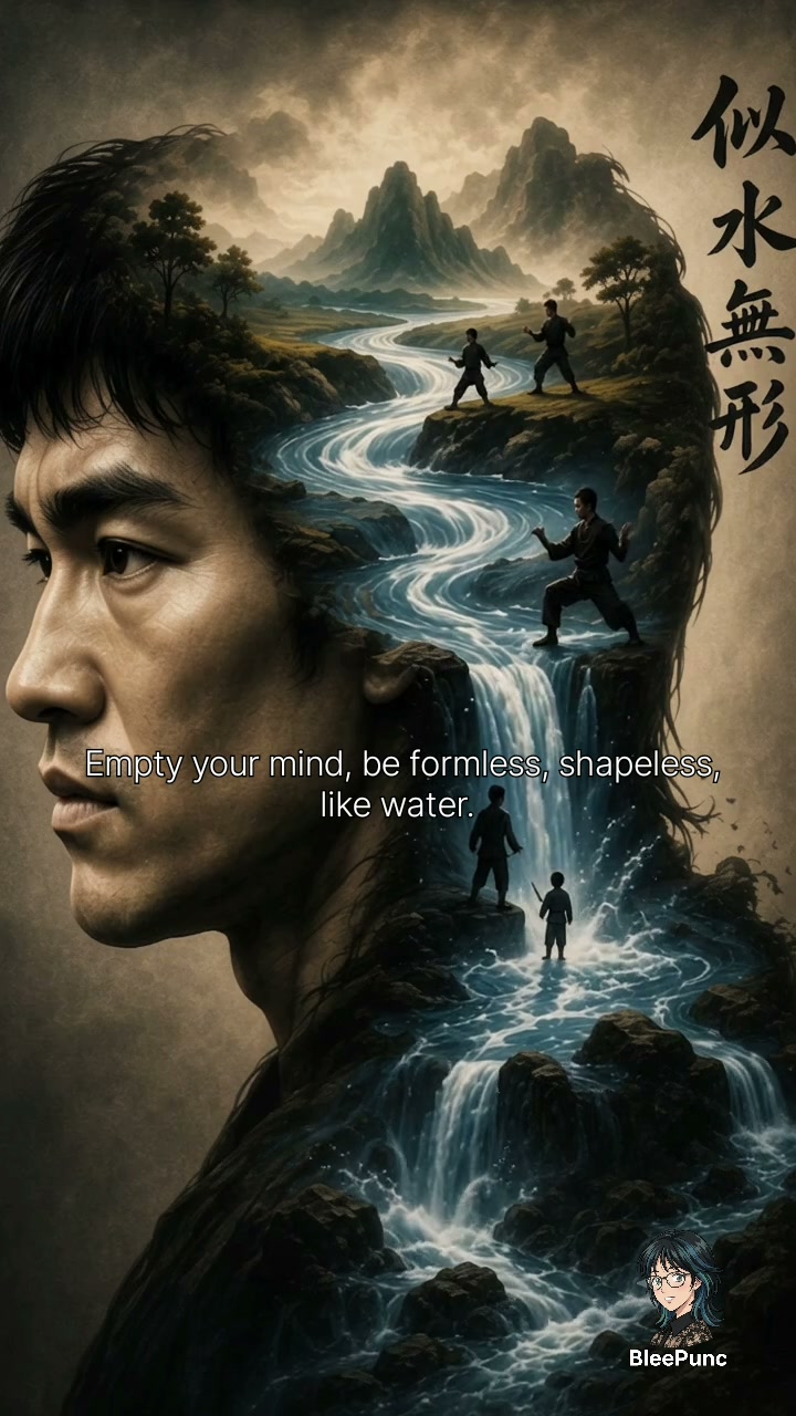 Surreal double exposure portrait of Bruce Lee, with a river, waterfall, martial arts landscape in...