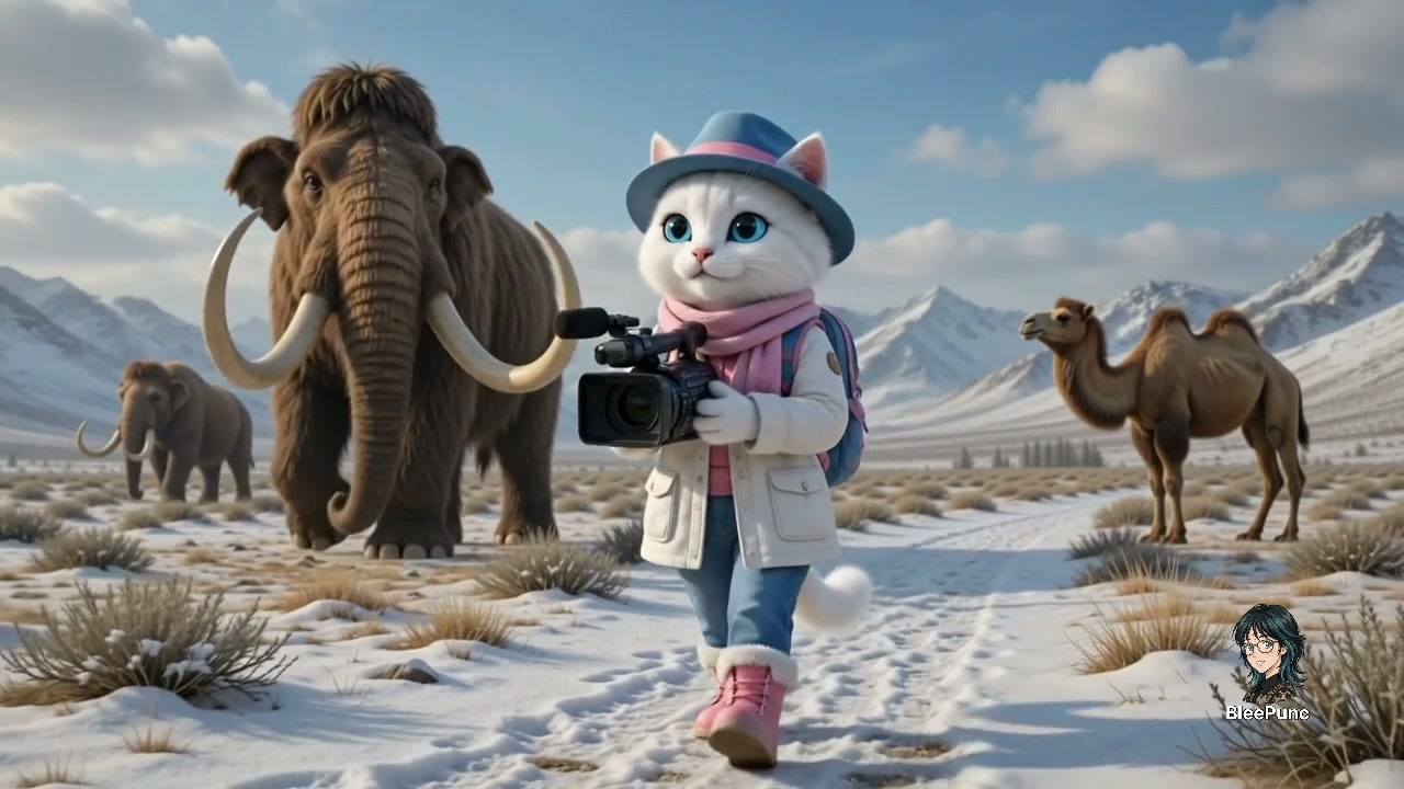 Cute anthropomorphic cat filmmaker holds a video camera, walking through snowy prehistoric steppe...