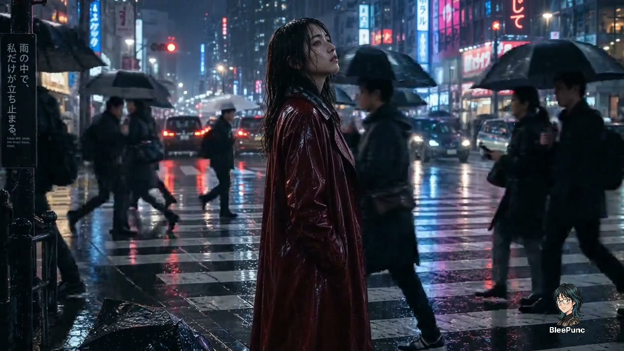 Solitary woman in wet glossy red trench coat stands on rain-soaked Tokyo crosswalk, still as umbr...