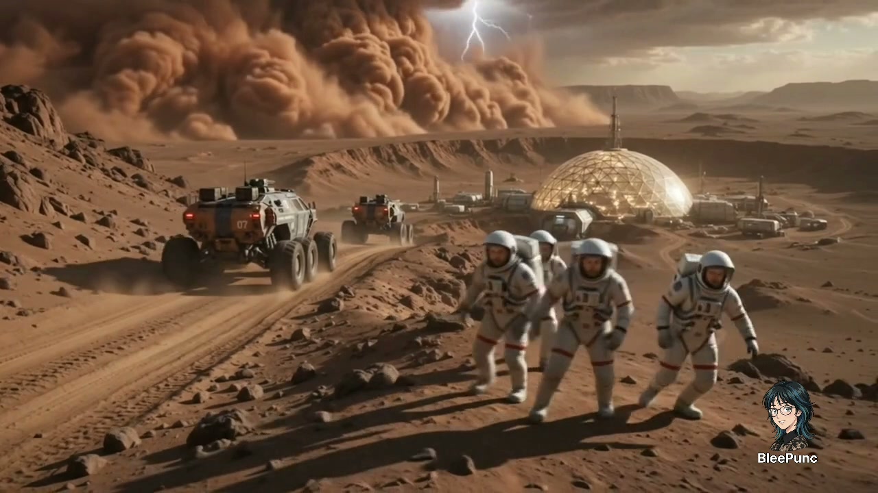 Crew of astronauts evacuate Mars base as a massive lightning-laced dust storm approaches, planeta...