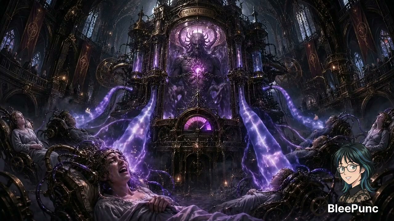 Horned demonic entity in an ornate steampunk machine siphons purple energy from restrained sleepi...