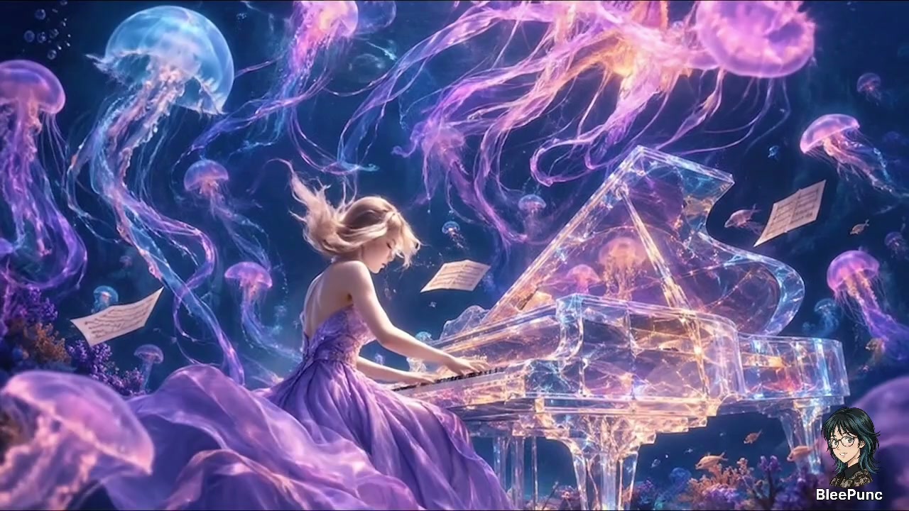 Blonde woman in flowing purple gown playing crystal grand piano surrounded by glowing jellyfish u...