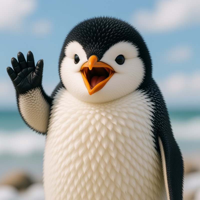 Fluffy anthropomorphic penguin waves cheerfully against a blurred sunny coastal backdrop