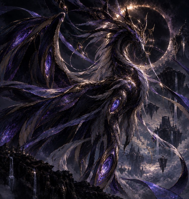 Majestic cosmic feathered dragon stands beneath a glowing eclipse above floating fantasy spires