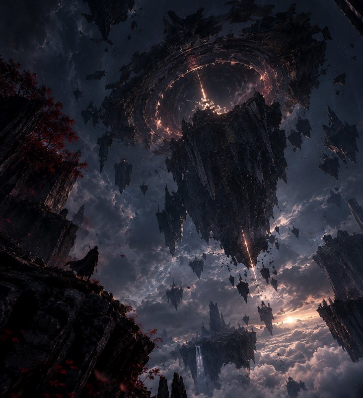 Lone cloaked warrior gazes up at floating rock spires and a glowing cosmic portal above a sea of ...