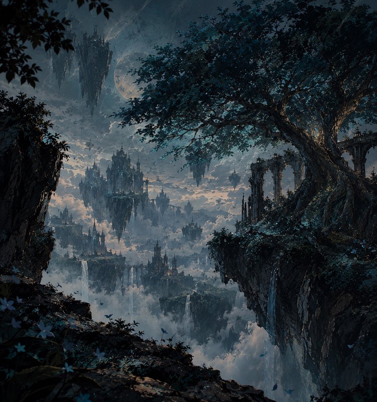 Gnarled ancient tree overlooks floating fantasy castle isles drifting above a sea of moonlit clouds.