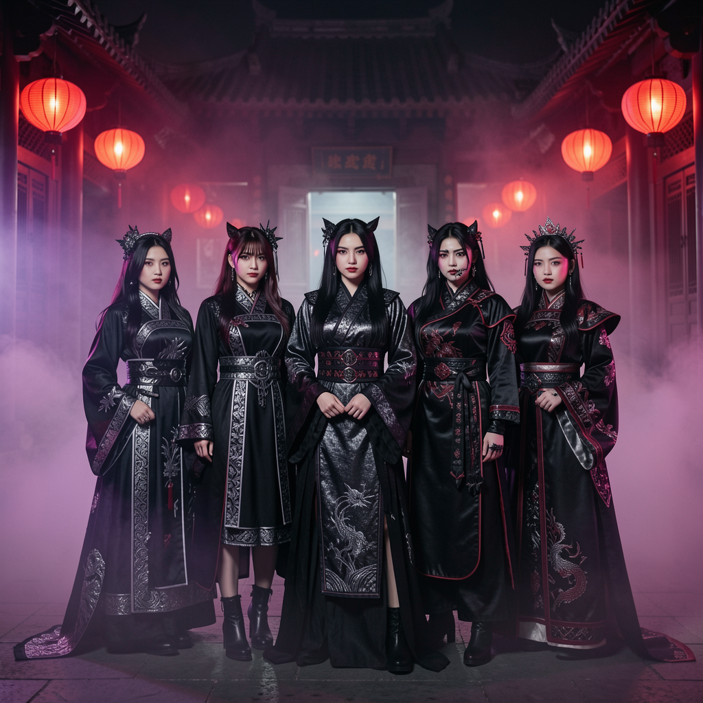 Five women in ornate dark gothic hanfu stand in a misty lantern-lit traditional East Asian courtyard at night