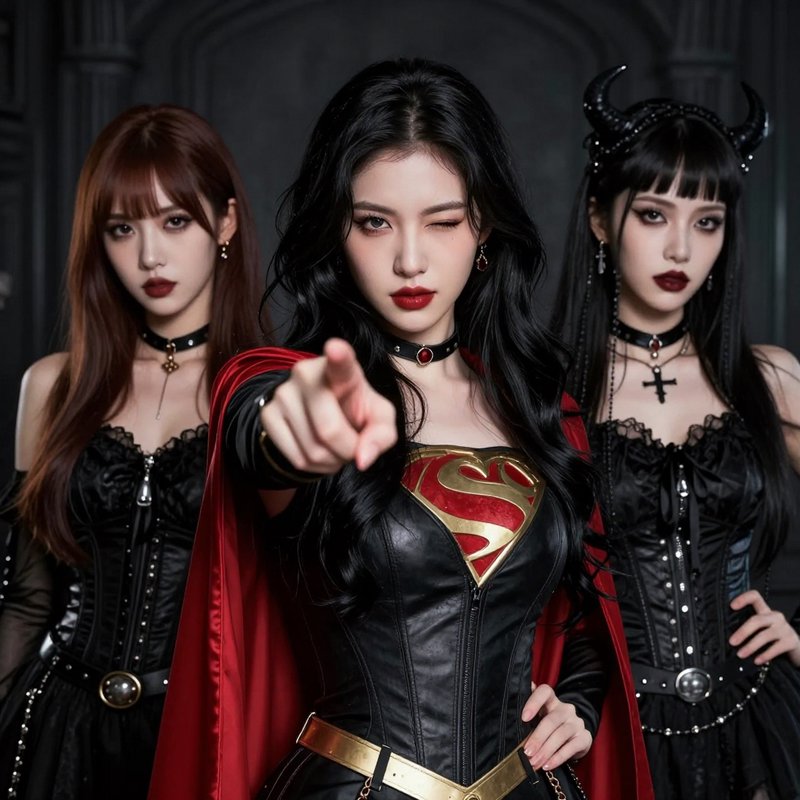 Central gothic super heroine cosplayer points at the viewer, flanked by two other gothic women in...