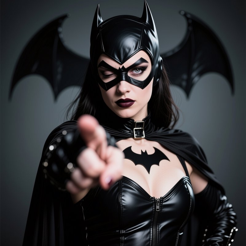 Woman in black bat-themed superhero costume winks and points directly at the camera