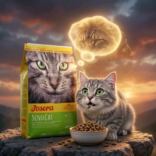 Wide-eyed gray tabby cat sits by a kibble bowl next to cat food bag, with a glowing cat apparitio...