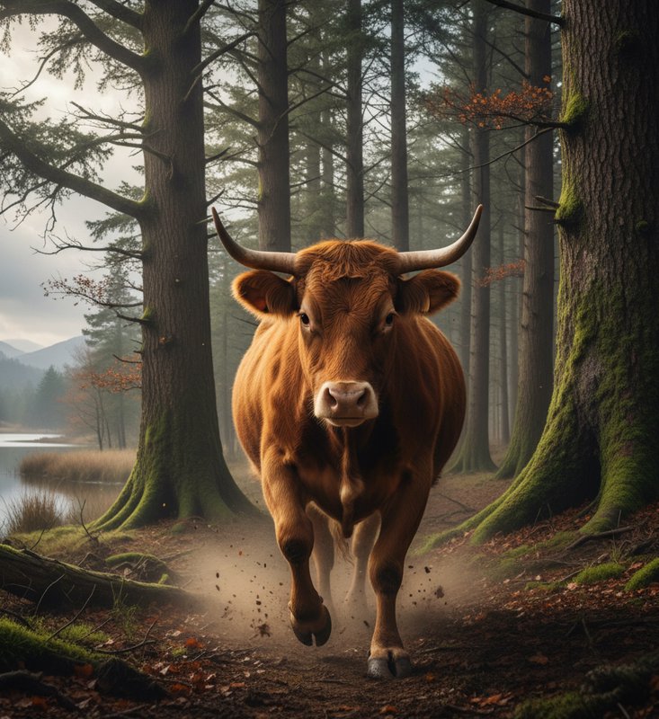 Brown bull with large curved horns charging along a mossy forest path.