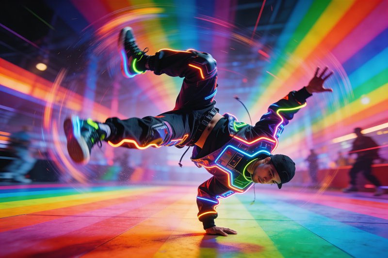 Breakdancer in a neon LED suit performing a dynamic move amid rainbow neon lights.