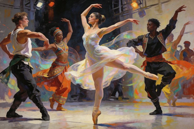 Ballet dancer en pointe in a white tutu performing among colorful dancers on a stage.