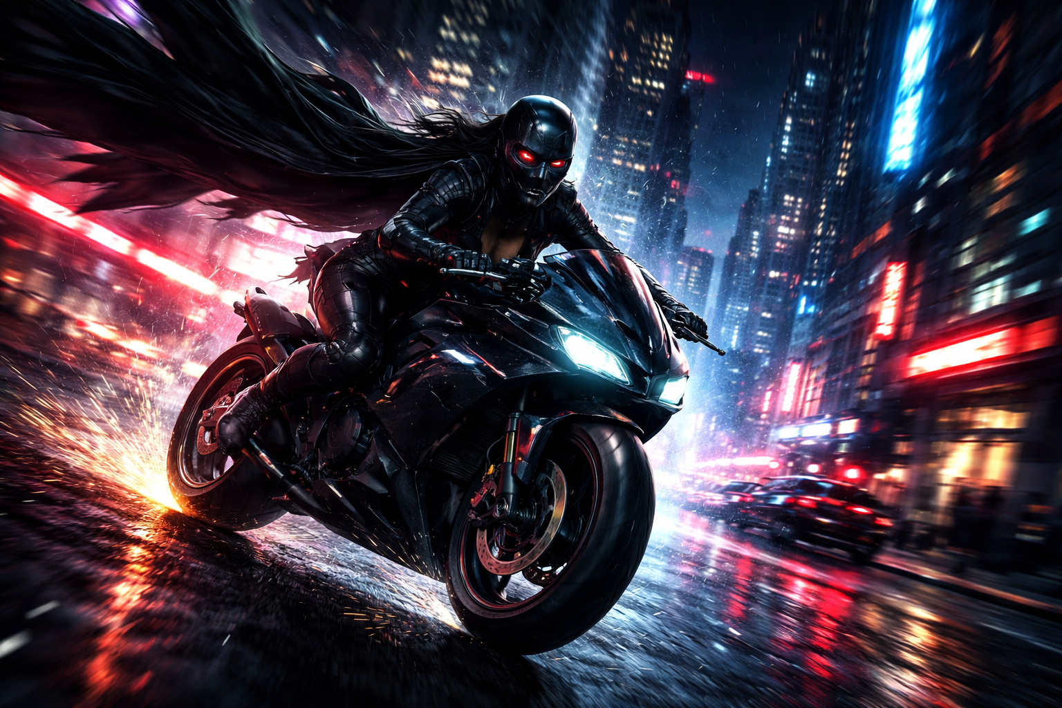 Dark armored rider on a sport motorcycle weaving through a neon-lit, rain-soaked city street at night.