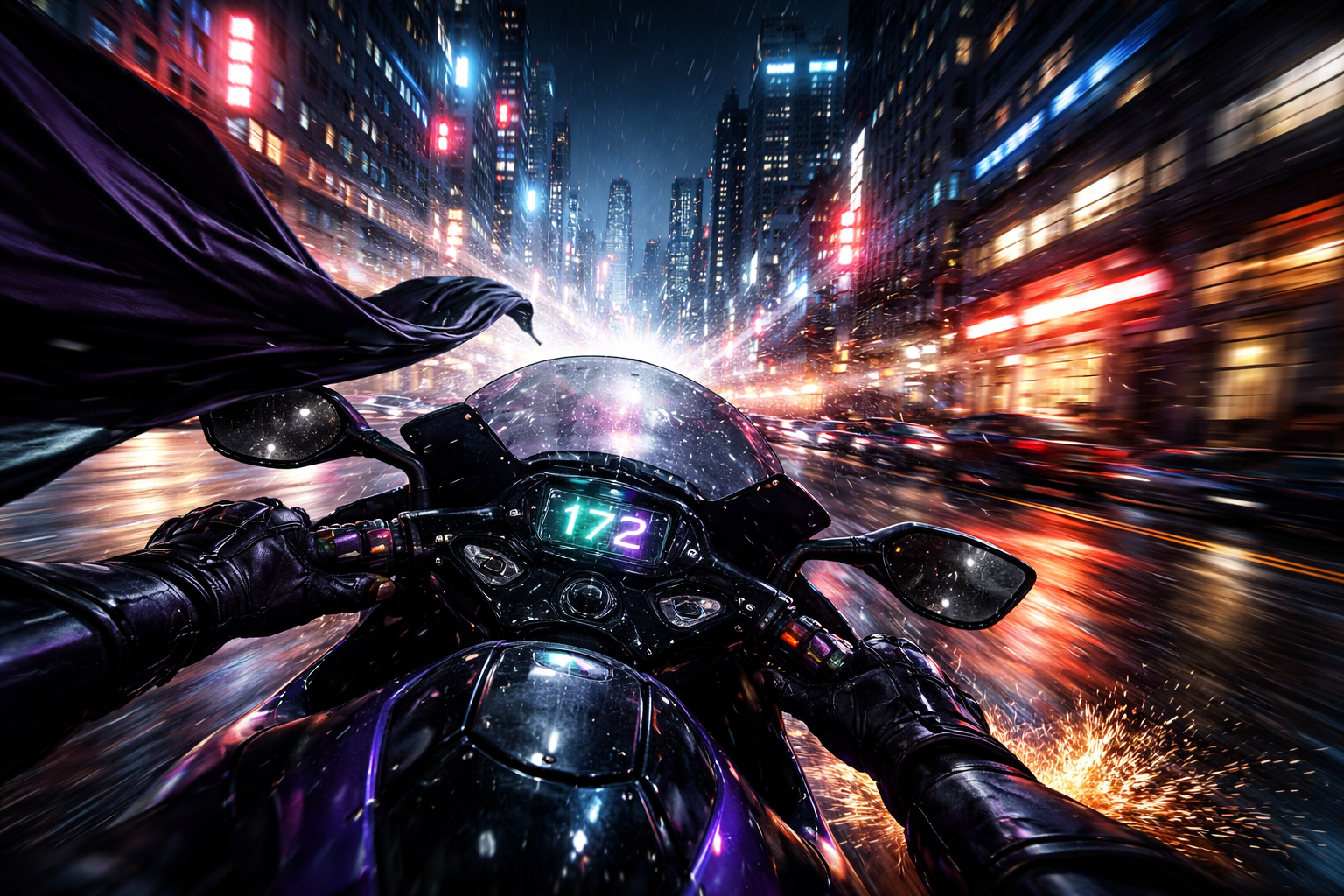 Futuristic motorcycle rider speeding through a neon-lit city street at night, cape fluttering.