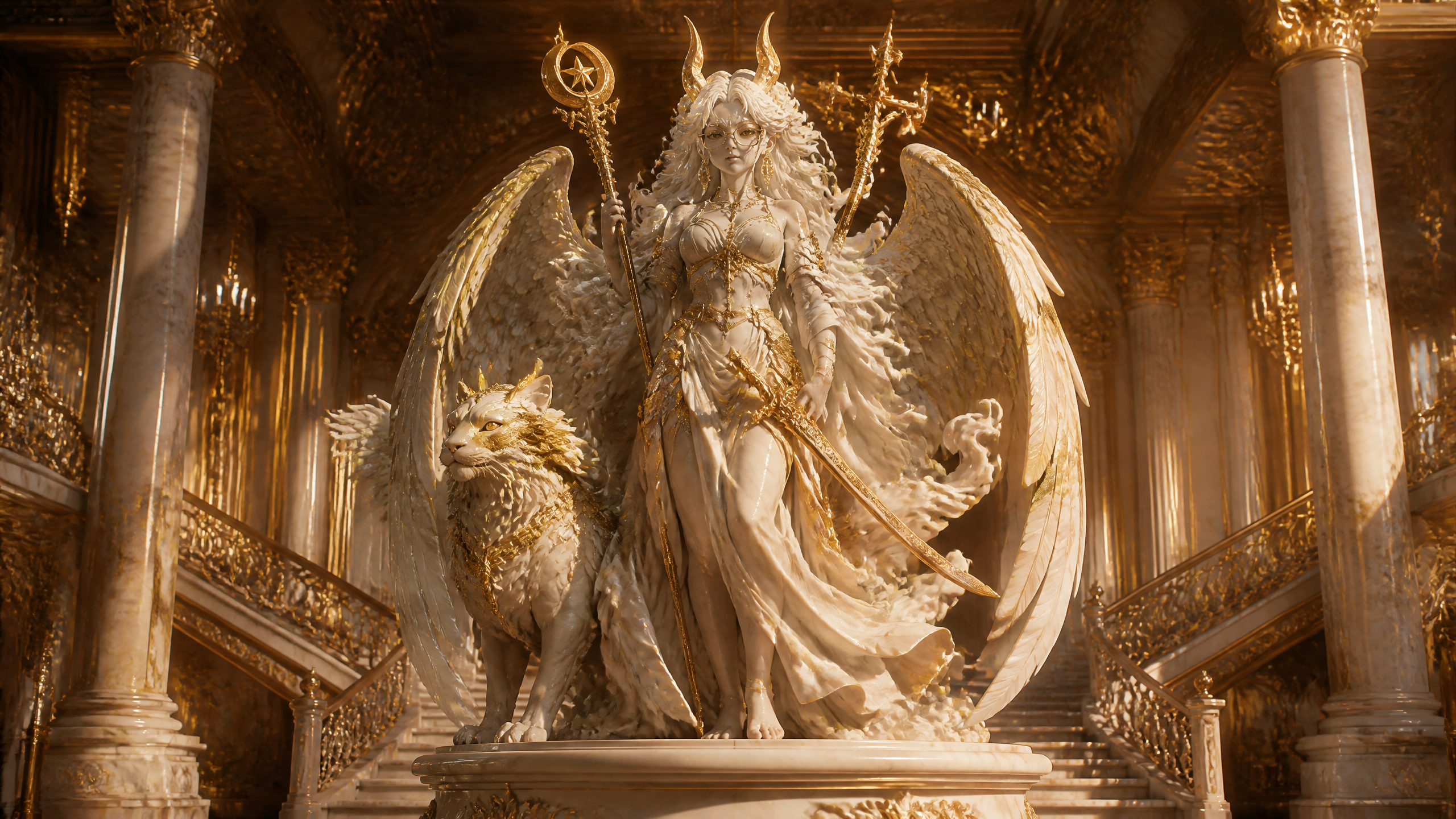 Winged goddess statue with staff and a lion on marble steps in a gilded palace interior.