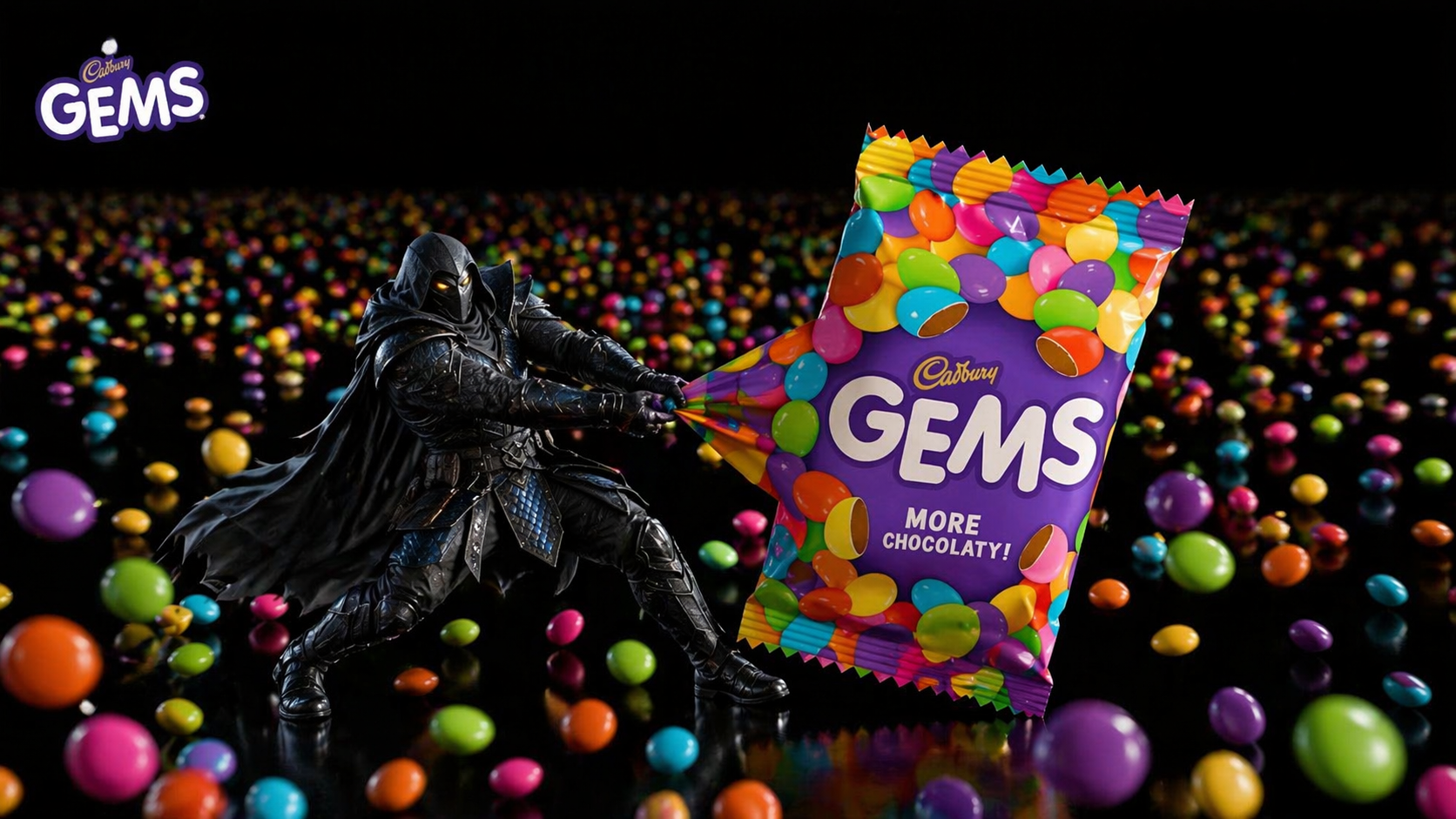 Dark armored warrior pulling a colorful Cadbury Gems chocolate bag among scattered candies.