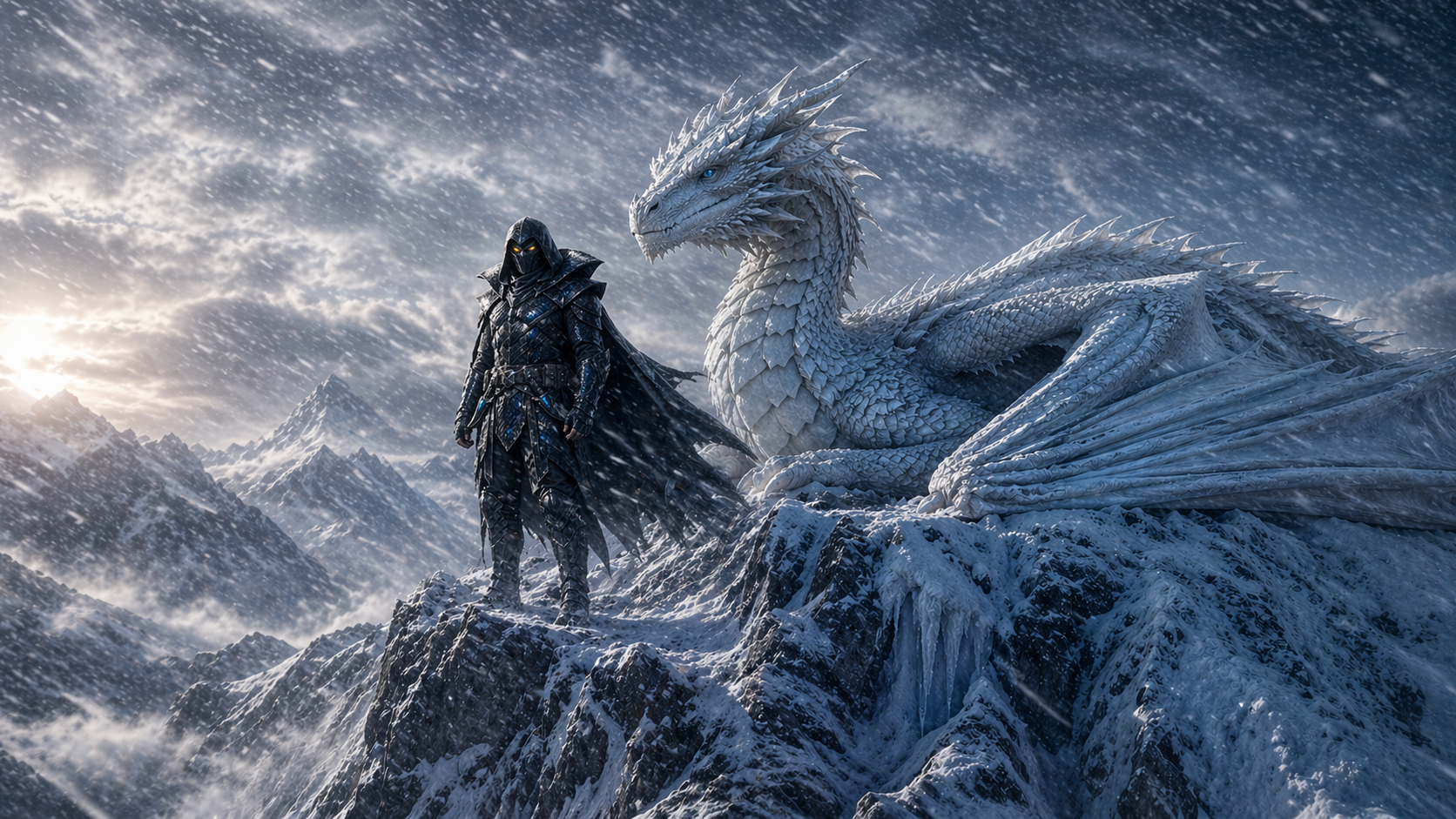 Dark armored warrior on a snowy peak beside a large white dragon in a stormy winter landscape.