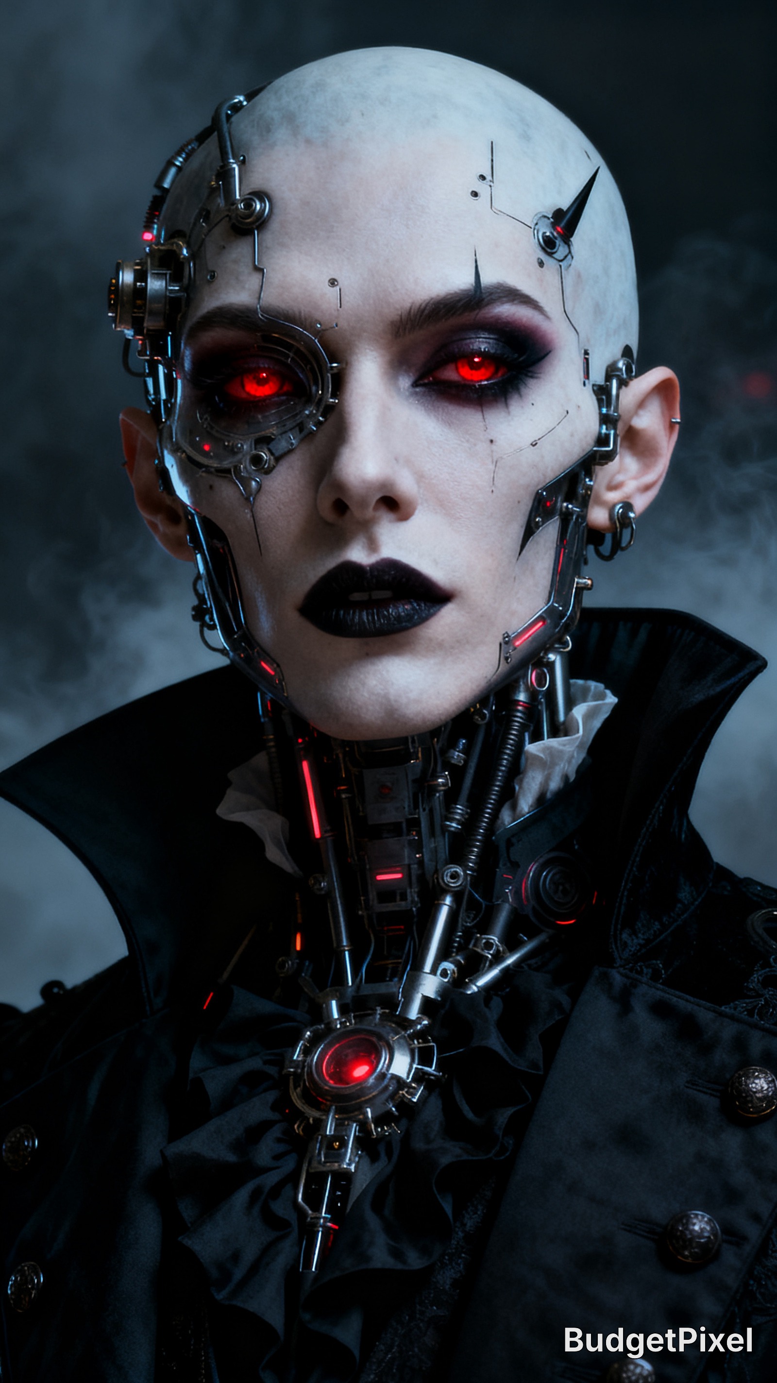 Bald cyborg portrait with metallic facial implants, red glowing eyes, and dark gothic makeup.