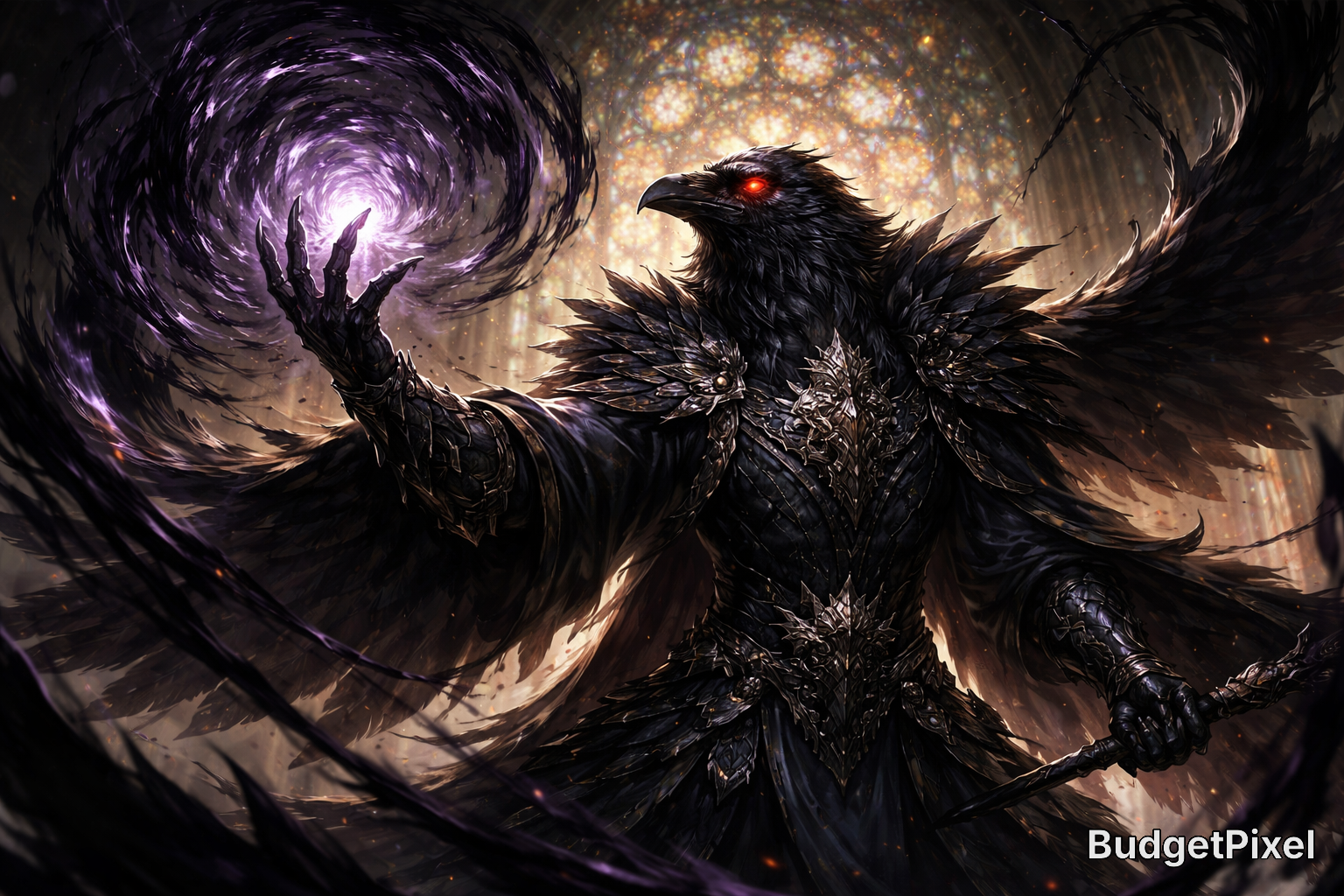 Dark armored raven lord with red eyes conjuring a swirling purple portal.