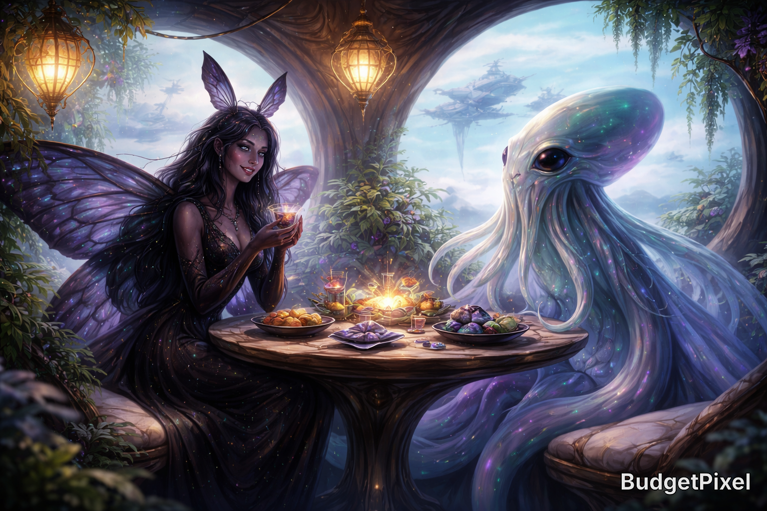 Fairy-haired woman with butterfly wings and a luminous octopus-like creature share a magical meal at a lantern-lit woodlan...