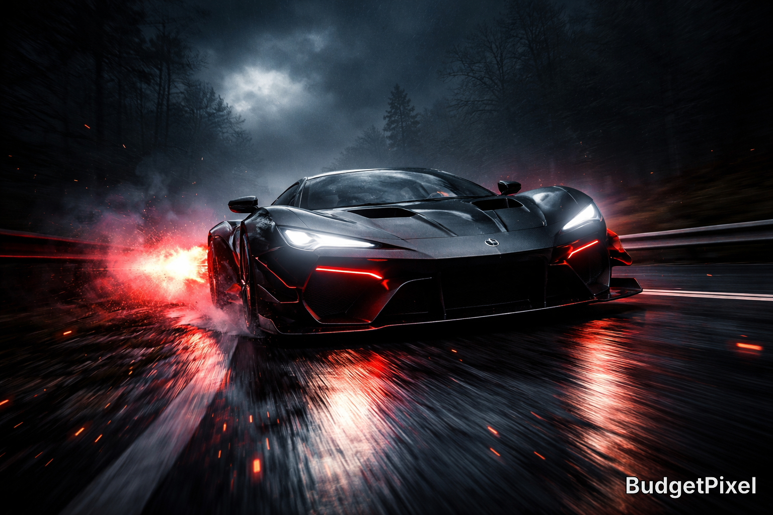 Black high-performance sports car on a rain-soaked road at night with red neon underglow and bright headlights.
