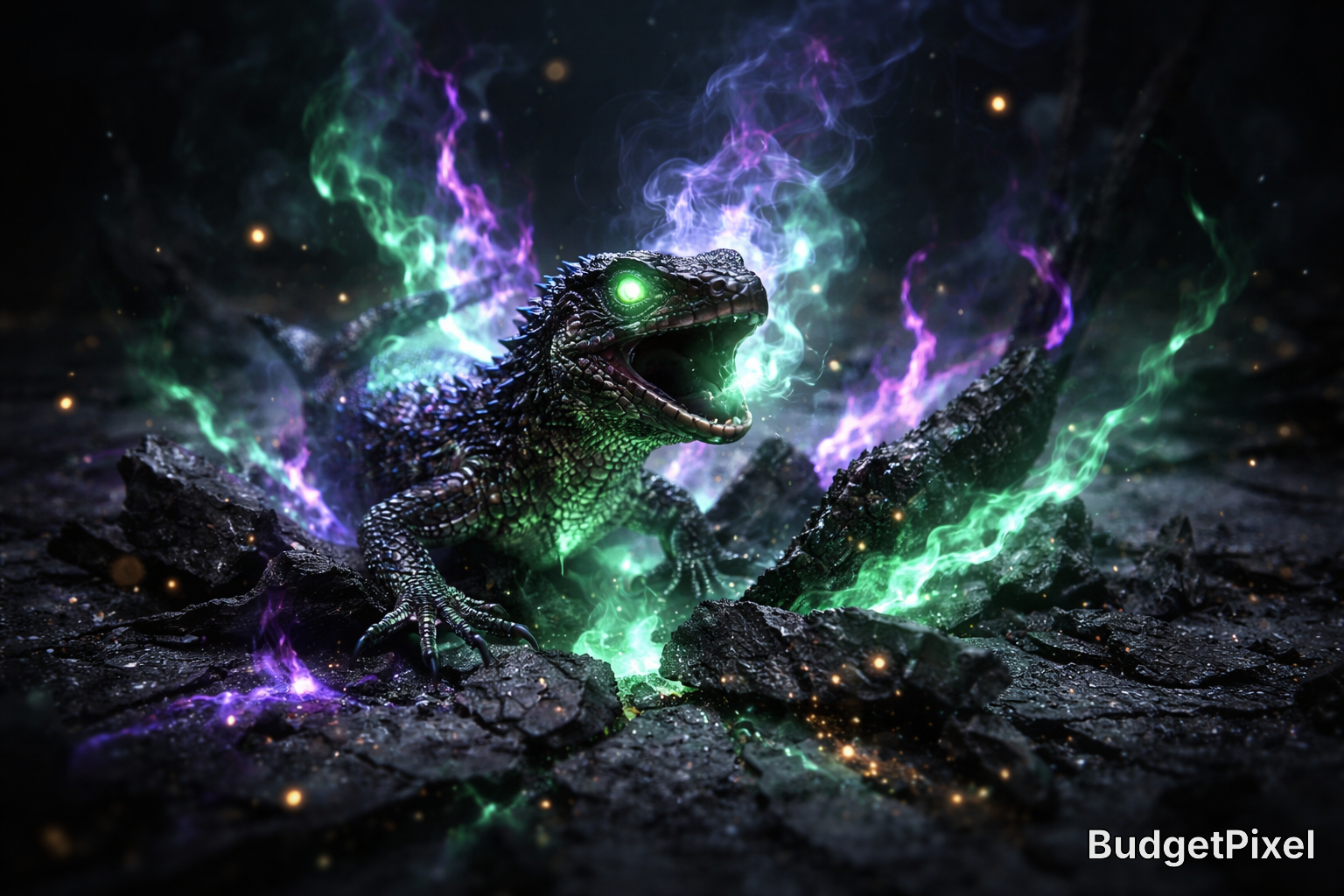 Glowing green-eyed dragon perched on dark rocky ground with vibrant purple and green magical energy swirling around.