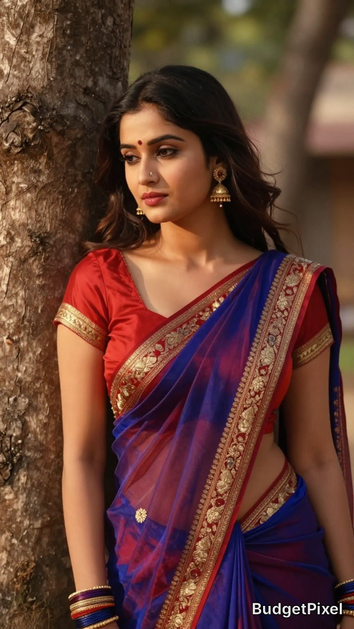 Woman in red blouse and blue saree with gold border leaning by a tree.