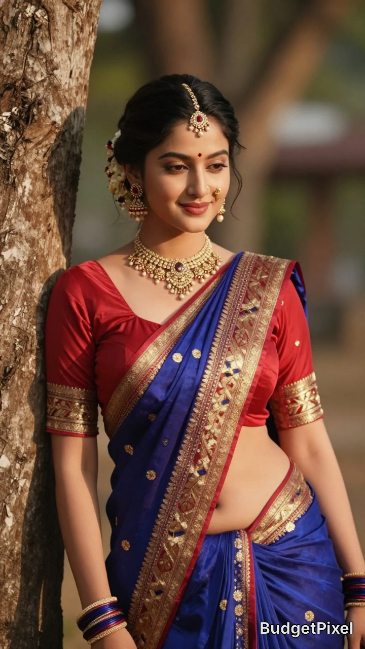 Young woman in a red blouse and blue embroidered saree leaning against a tree.