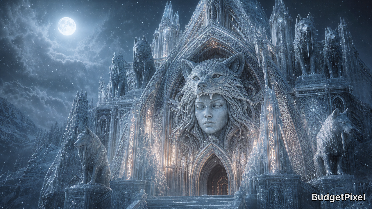 Ice cathedral with a woman's face wearing a wolf headdress, flanked by wolf statues under a moonlit sky.