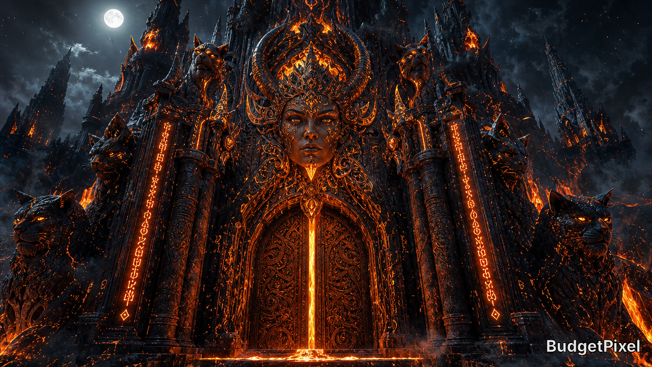 Fiery dark fantasy fortress with a horned, glowing statue and ornate lava-lit gates.