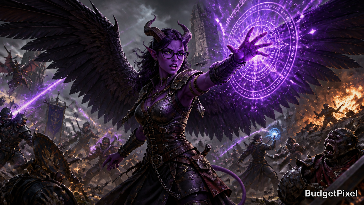 Dark fantasy winged sorceress unleashing a glowing purple magic circle in battle