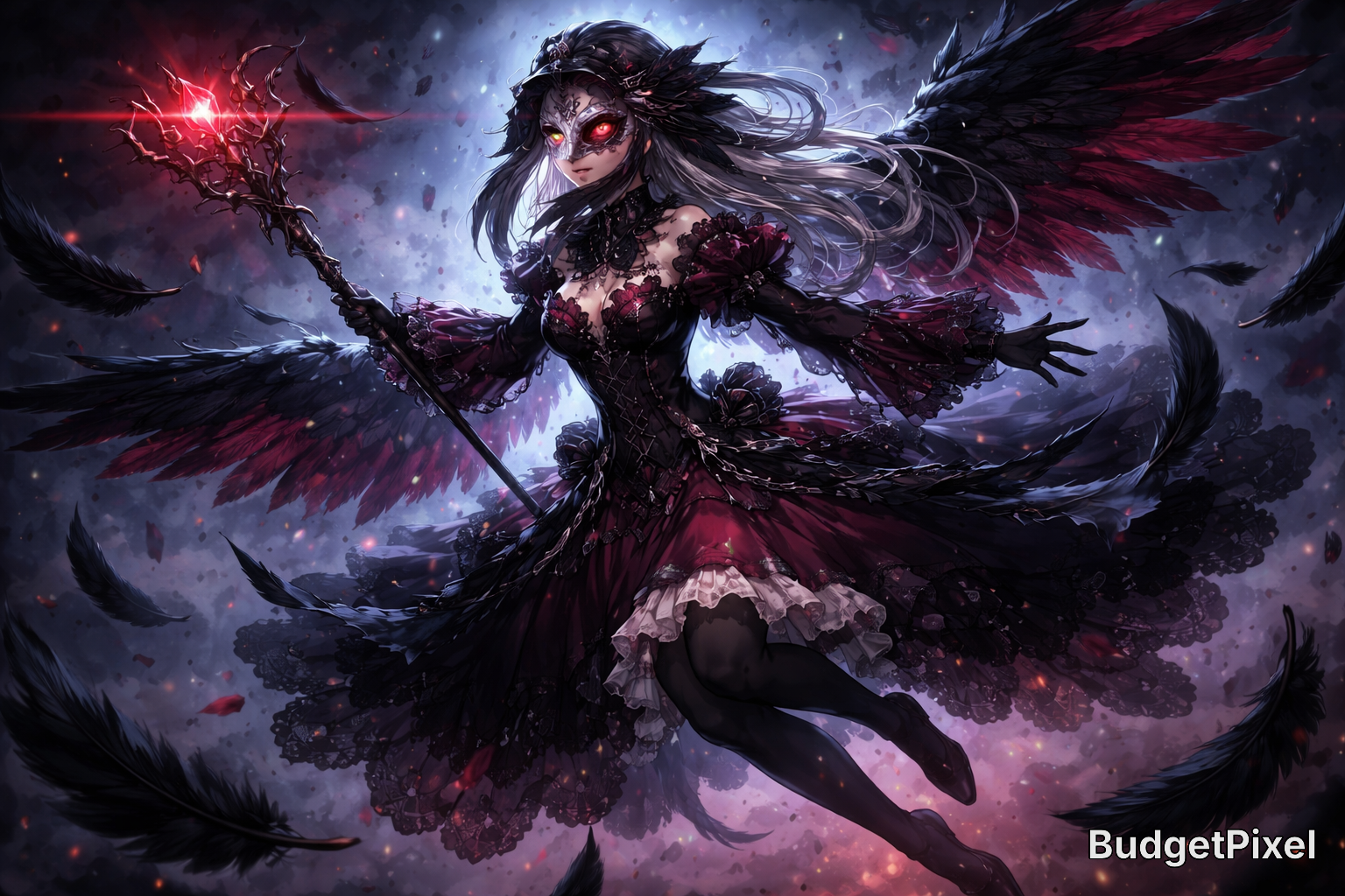 Dark-winged sorceress in a red-black gothic gown wields a glowing staff, mid-air with crimson wings.