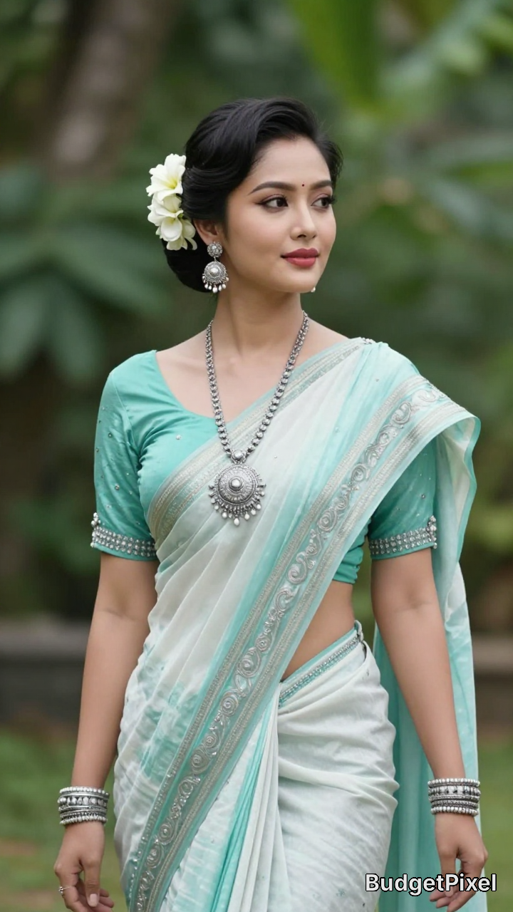 Woman in turquoise saree with silver jewelry and a white flower in her hair