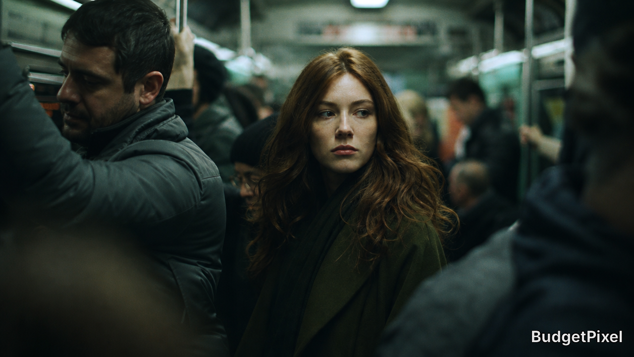 Woman with red hair in a crowded subway car, moody urban portrait.