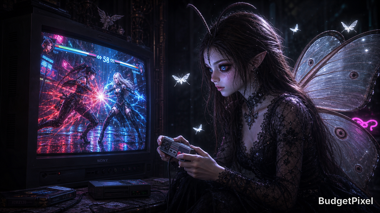 Elf-like fairy with butterfly wings plays a retro video game on a CRT TV in a dark, neon-lit room.