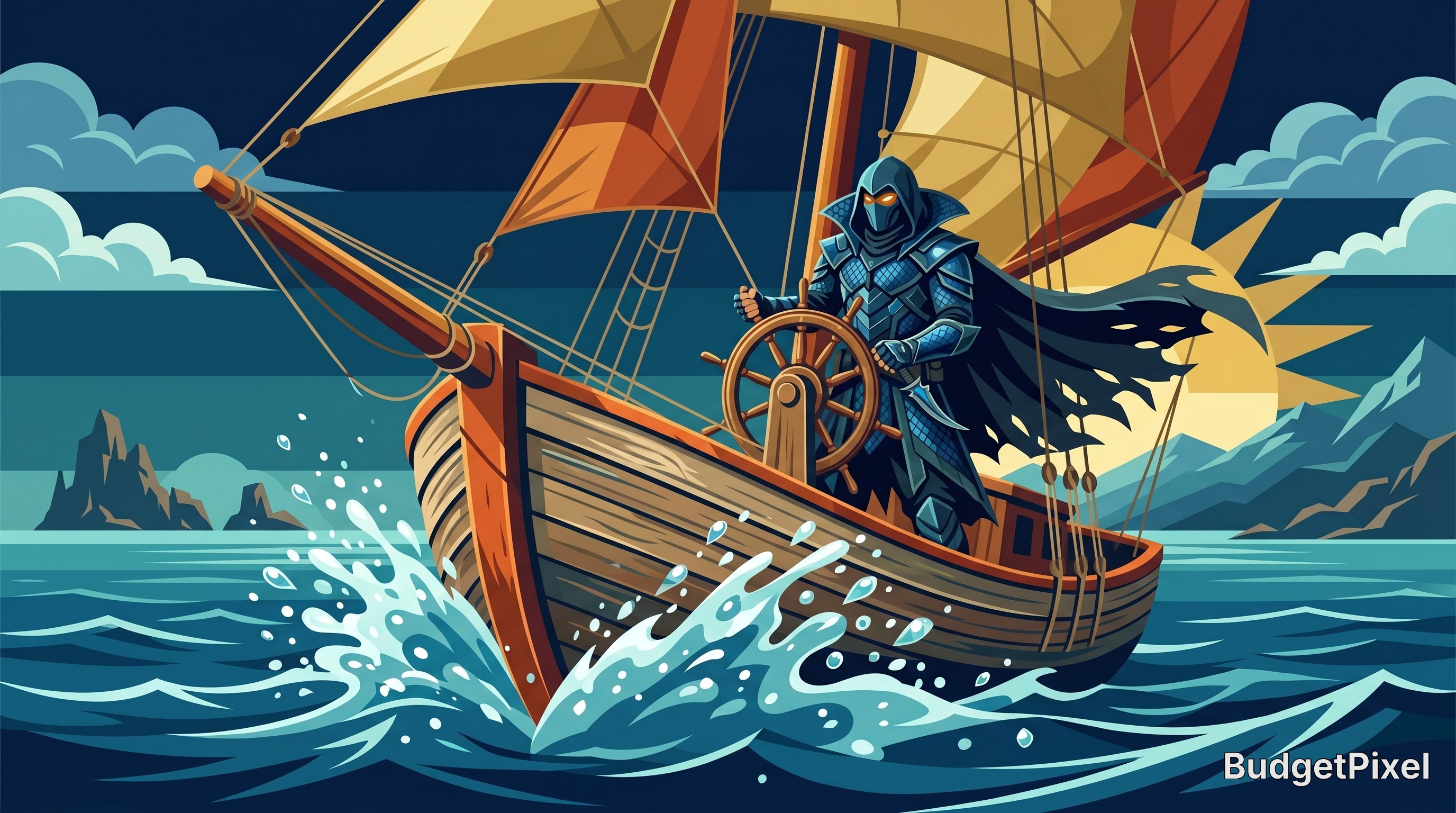 Armored knight in a cape steering a wooden sailing ship through crashing waves at sea.