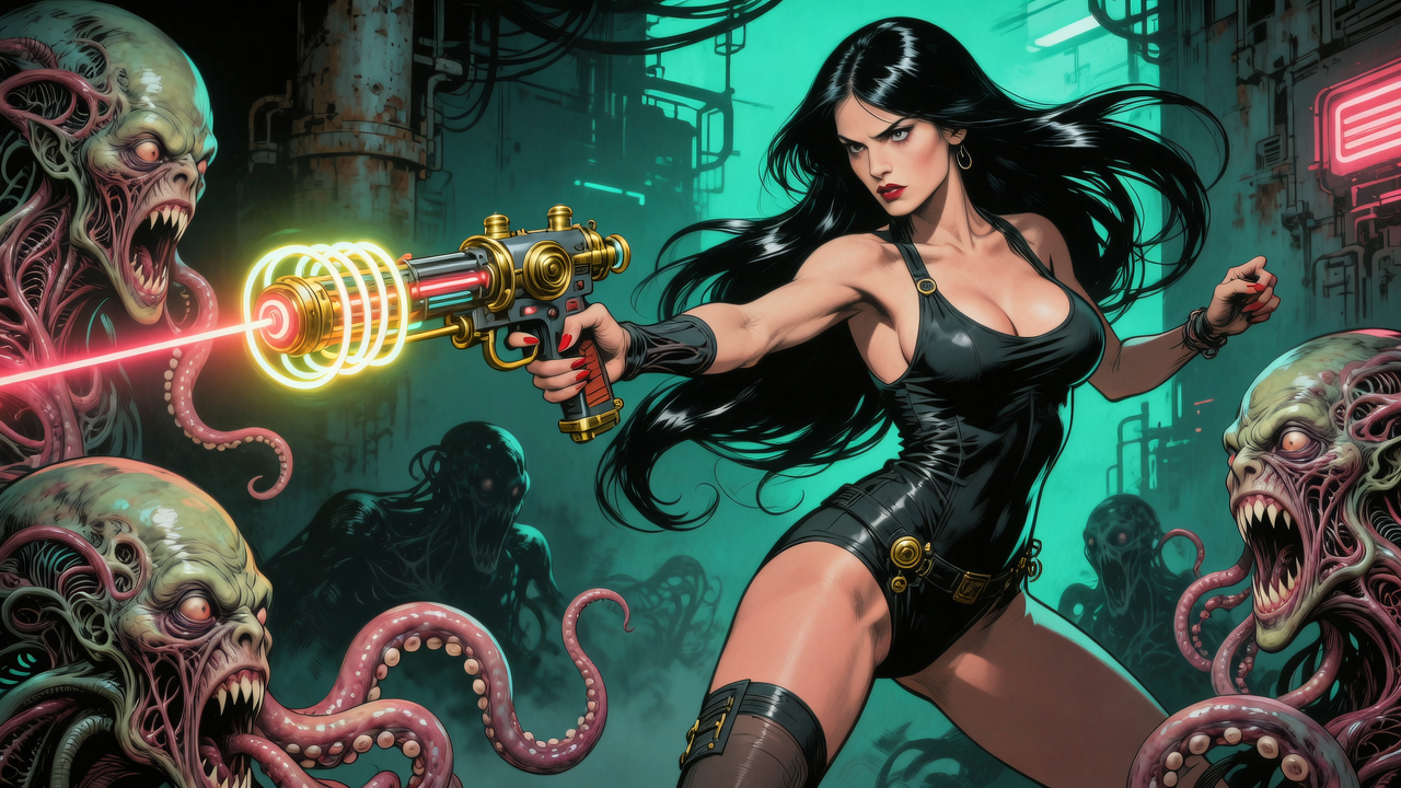 A fierce woman in a black leather bodysuit fires a neon laser from a steampunk gun at tentacled monsters in a neon-lit sci...